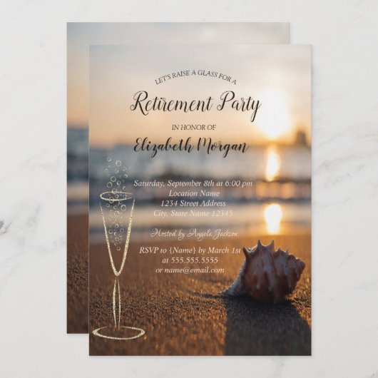 Beach Sunset Seashell Wine Glass Retirement Einladung (Vorne/Hinten)