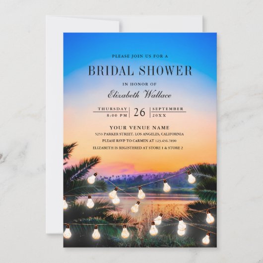 Beach Sunset String Lights Foto Brautparty Einladung (Vorderseite)