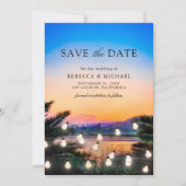 Beach Sunset String Lights Foto Hochzeit Save The Date (Vorderseite)