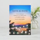 Beach Sunset String Lights Foto Hochzeit Save The Date (Stehend Vorderseite)