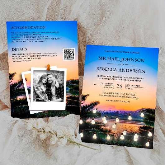 Beach Sunset String Lights Foto QR Code Wedding Einladung