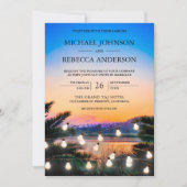 Beach Sunset String Lights Foto QR Code Wedding Einladung (Vorderseite)