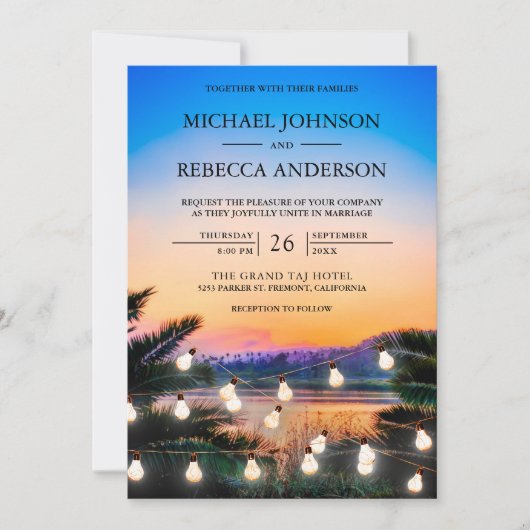 Beach Sunset String Lights Foto QR Code Wedding Einladung (Vorderseite)