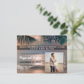Beach Sunset String Lights Foto Save the Date Ankündigungspostkarte (Stehend Vorderseite)