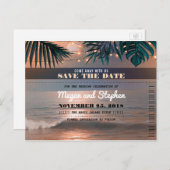 Beach Sunset String Lights Palms Save the Date Ankündigungspostkarte (Vorne/Hinten)