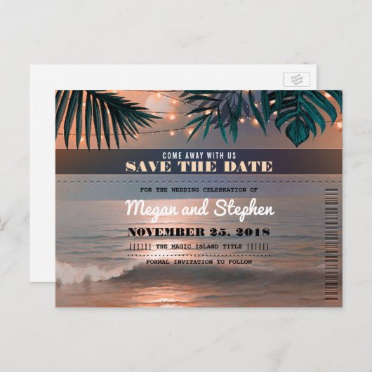 Beach Sunset String Lights Palms Save the Date Ankündigungspostkarte (Vorne/Hinten)
