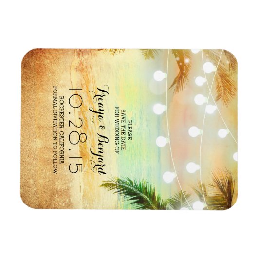 Beach Sunset String Lights Palms Save the Date Magnet (Horizontal)