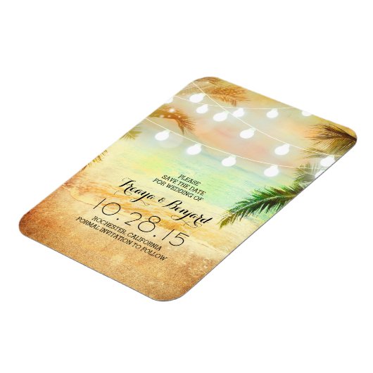 Beach Sunset String Lights Palms Save the Date Magnet (Linke Seite)