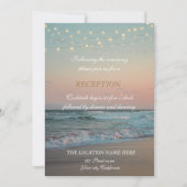 Beach Sunset, String Lights Script Empfang Einladung (Vorderseite)