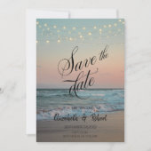 Beach Sunset, String Lights Script Save the Date (Vorderseite)