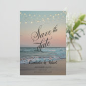 Beach Sunset, String Lights Script Save the Date (Stehend Vorderseite)