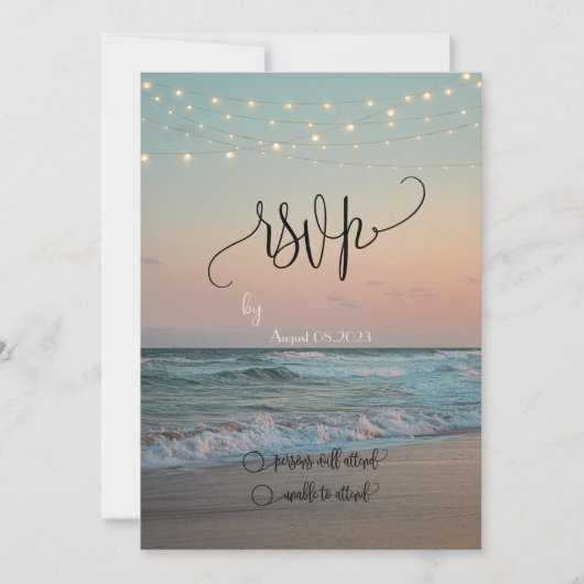 Beach Sunset, String Lights Script-UAWG Einladung (Vorderseite)