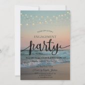 Beach Sunset, String Lights Script-Verlobung Einladung (Vorderseite)