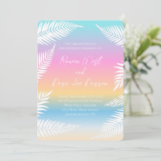 Beach Sunset Tropical Palm Leaf Hochzeit Einladung (Stehend Vorderseite)