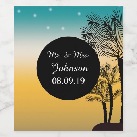 Beach Sunset Tropical Palm Tree Wedding Wine Label Weinetikett (Einzelnes Label)