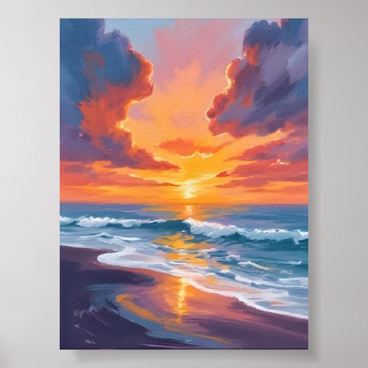 Beach Sunset Watercolor Ocean Painting Art Poster (Vorne)