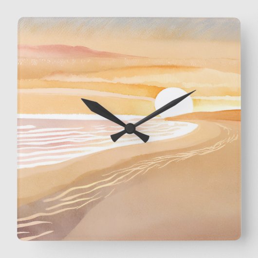 Beach Sunset Watercolor | Schönes Gelb Quadratische Wanduhr (Vorderseite)