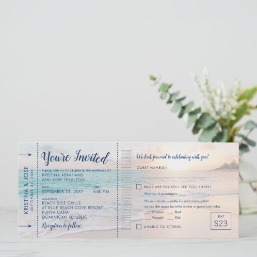 Beach Sunset Wedding Boarding Pass + UAWG Einladung (Stehend Vorderseite)