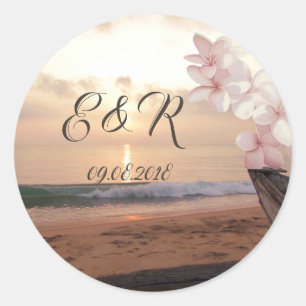 Beach Sunset Wedding Plumeria Runder Aufkleber