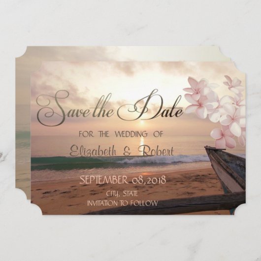 Beach Sunset Wedge, Plumeria Save the Date (Vorne/Hinten)