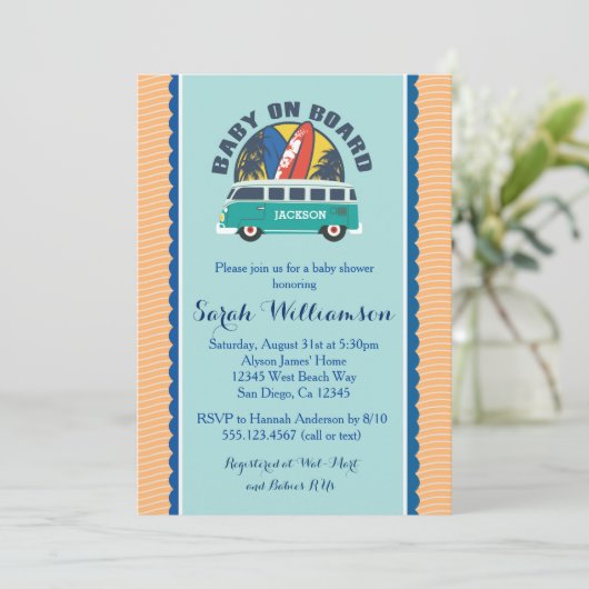 Beach Surf Surfboard Kinderdusche Einladung (Stehend Vorderseite)