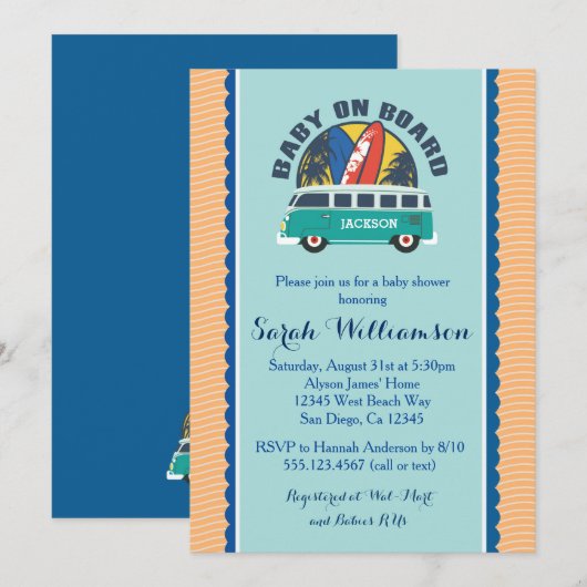 Beach Surf Surfboard Kinderdusche Einladung (Vorne/Hinten)