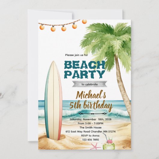 Beach surf theme invitation einladung (Vorderseite)