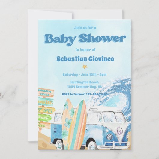 Beach Surfing Baby Dusche Einladung (Vorderseite)