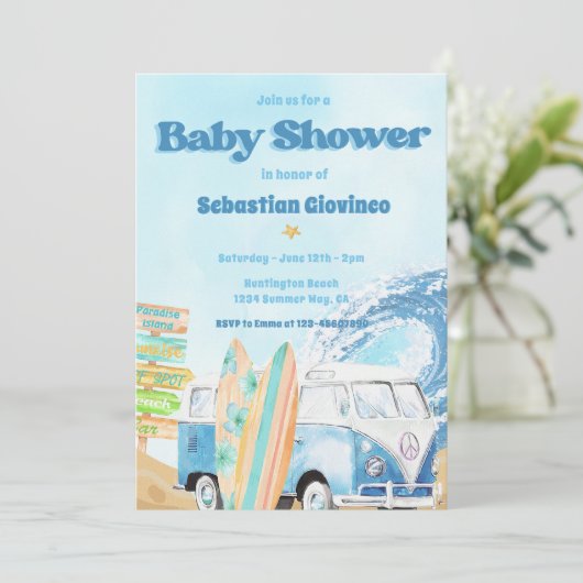 Beach Surfing Baby Dusche Einladung (Stehend Vorderseite)