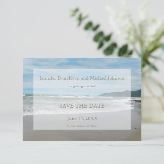 Beach Thema Save the Date Einladung, Strand Szene (Stehend Vorderseite)