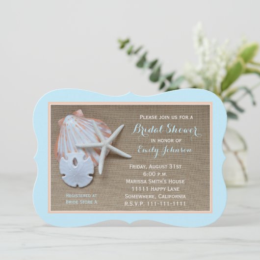Beach Theme Bridal Dusche Einladung Burlap Look (Stehend Vorderseite)