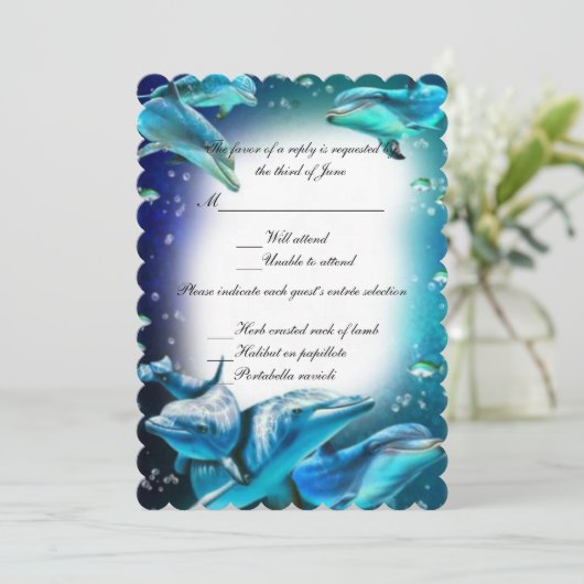 Beach Theme Dolphin Wedding Response Einladung (Stehend Vorderseite)