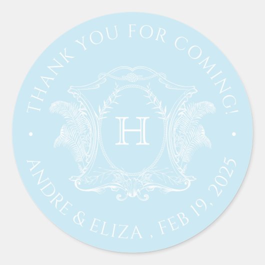 Beach Theme Light Blue Monogram Wedgetikett Runder Aufkleber (Vorderseite)