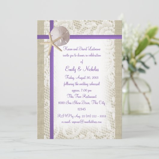 Beach Theme Probe Dinner Lila Einladung (Stehend Vorderseite)