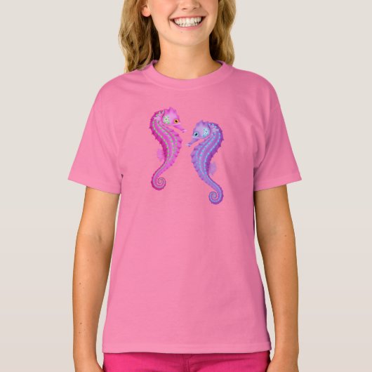 Beach Theme Rosa und Lila Seepferde T-Shirt (Vorderseite)