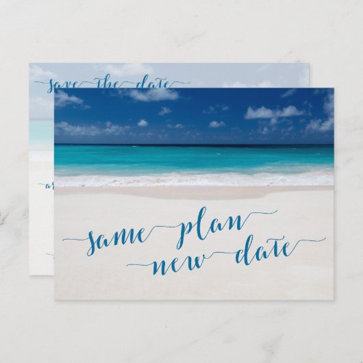 Beach Theme Save the Date gleichen Plan Neudatum Ankündigungspostkarte (Vorne/Hinten)