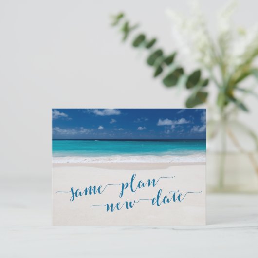 Beach Theme Save the Date gleichen Plan Neudatum Ankündigungspostkarte (Stehend Vorderseite)