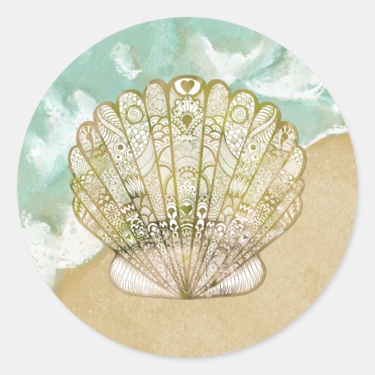 Beach Theme Scallop Muschel Hochzeitsticker Runder Aufkleber (Vorderseite)