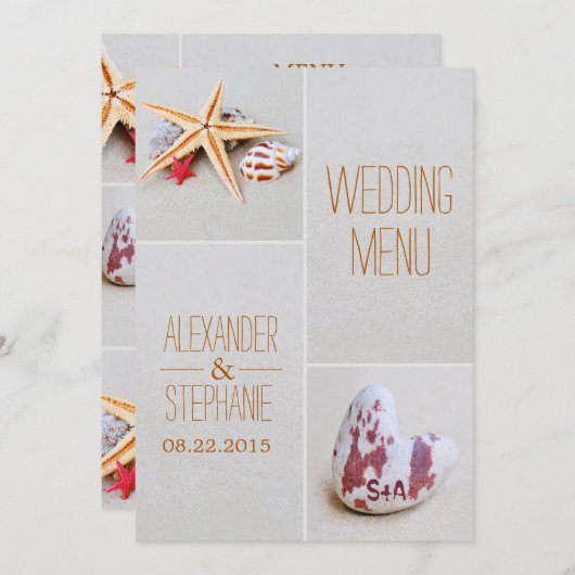 Beach Theme Starfish and Heart Wedding Menu Card Menükarte (Vorne/Hinten)