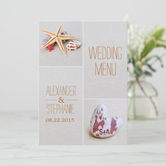 Beach Theme Starfish and Heart Wedding Menu Card Menükarte (Stehend Vorderseite)