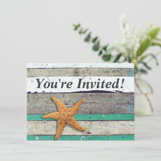 Beach Theme Starfish Wedding rustikal Einladung (Stehend Vorderseite)