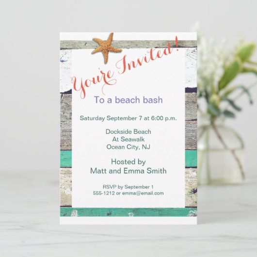 Beach Theme Starfish Wedding rustikal Einladung (Stehend Vorderseite)