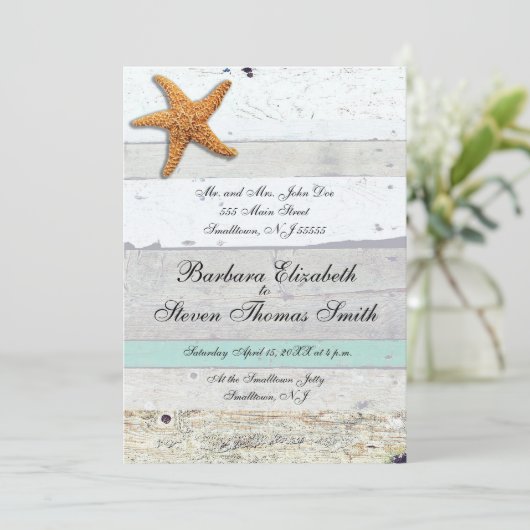 Beach Theme Starfish Wedding rustikal Einladung (Stehend Vorderseite)