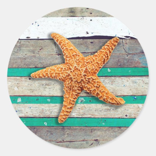 Beach Theme Starfish Wedding rustikal Runder Aufkleber (Vorderseite)
