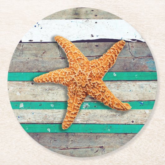 Beach Theme Starfish Wedding rustikal Runder Pappuntersetzer (Vorderseite)