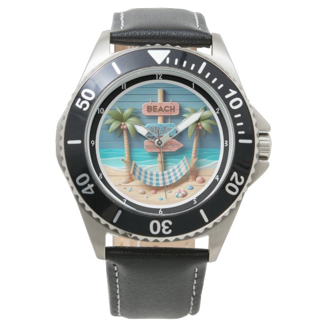 Beach-Themed Relaxing Hammock Palm Trees Armbanduhr (Vorderseite)