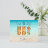 Beach Tiki Mask Wedding Save the Dates Ankündigungspostkarte (Stehend Vorderseite)