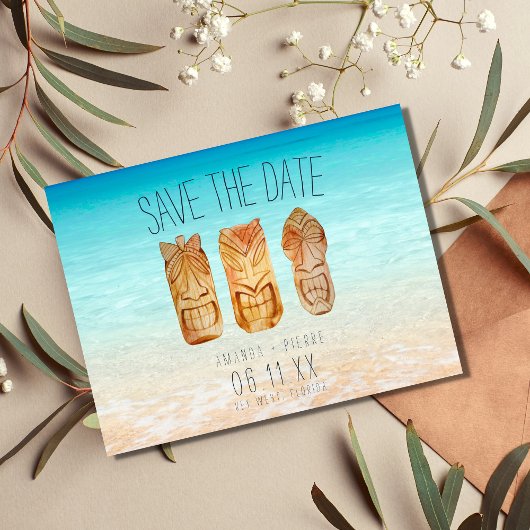 Beach Tiki Mask Wedding Save the Dates Ankündigungspostkarte
