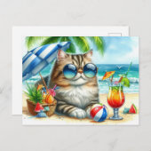 Beach Time Cat und Cocktails Postkarte (Vorne/Hinten)