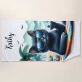 Beach Time Cool Black Cat Personalisiert Strandtuch (Vorderseite)